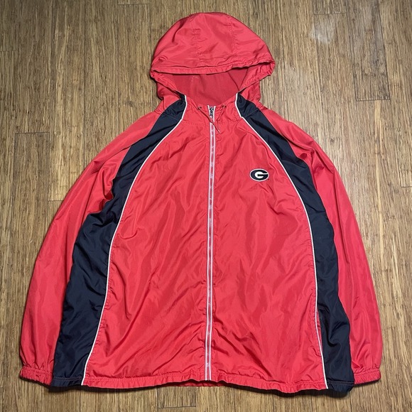 UNIVERSITY OF GEORGIA Windbreaker Mens 2XL Red Hooded Rain Jacket Bulldogs - Picture 1 of 6